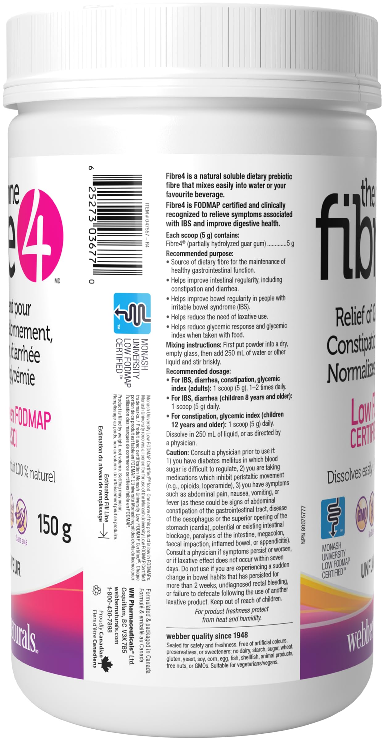 Webber Naturals The Right Fibre4 IBS Intestinal Discomfort 150 g, Unflavoured, 30 Servings, Fibre Supplement for Digestive Health, Low-FODMAP, Vegan