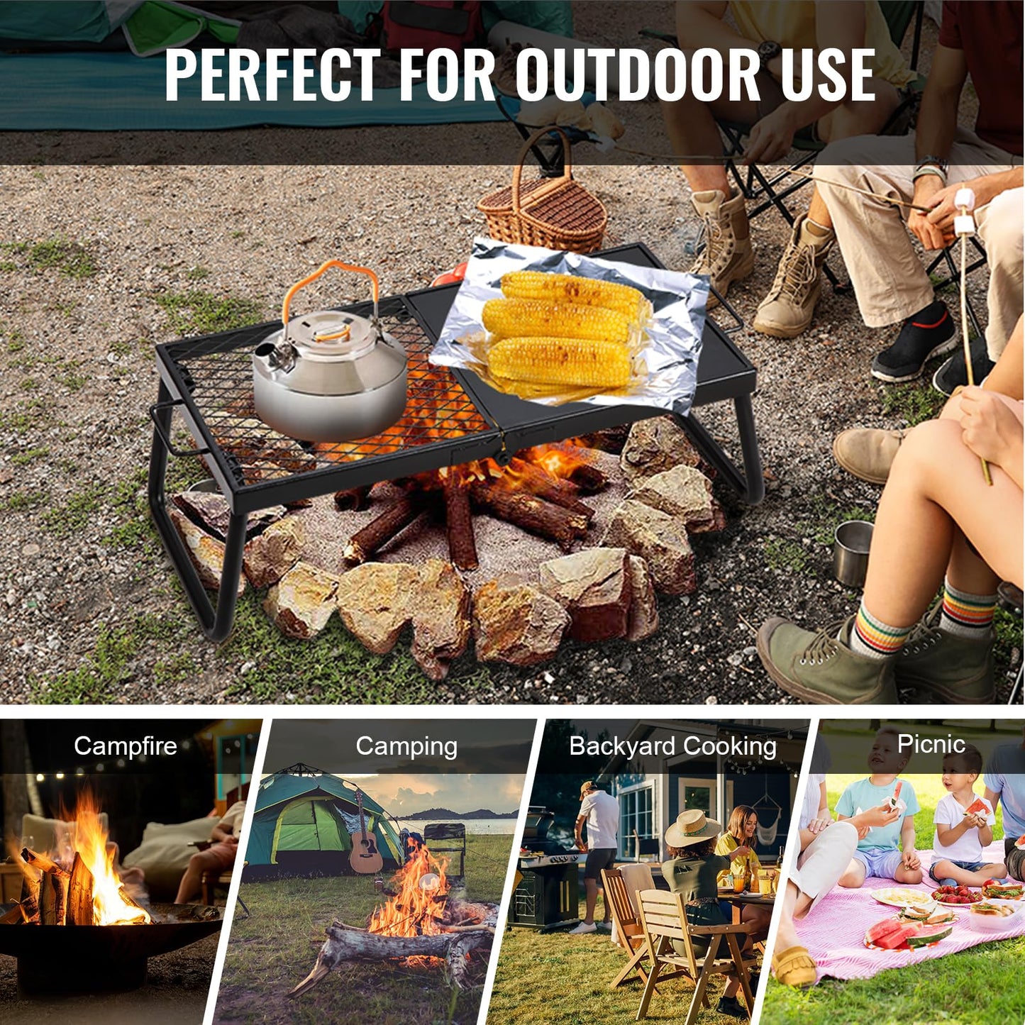 VEVOR Folding Campfire Grill, Heavy Duty Steel Mesh Grate, 22.4" Portable Camping Grates Over Fire Pit, Camp Fire Cooking Equipment with Legs Carrying Bag, Grilling Rack for Outdoor Open Flame Cooking VEVOR