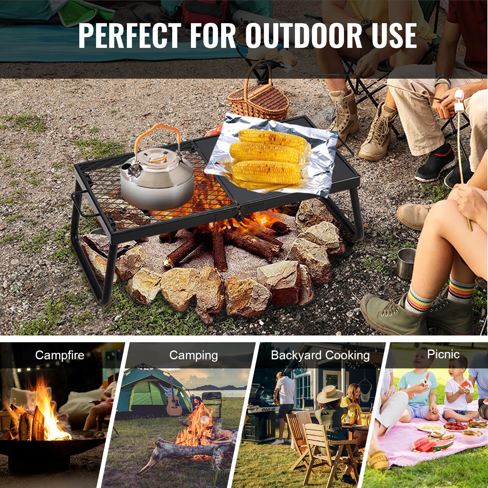 VEVOR Folding Campfire Grill, Heavy Duty Steel Mesh Grate, 22.4" Portable Camping Grates Over Fire Pit, Camp Fire Cooking Equipment with Legs Carrying Bag, Grilling Rack for Outdoor Open Flame Cooking VEVOR