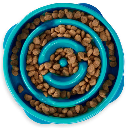 Fun Feeder Slo Bowl – Medium 2‑Cup Capacity, Slow Feeding, Small to Medium Dogs & Cats, Non-Slip, Turquoise, Drop Pattern