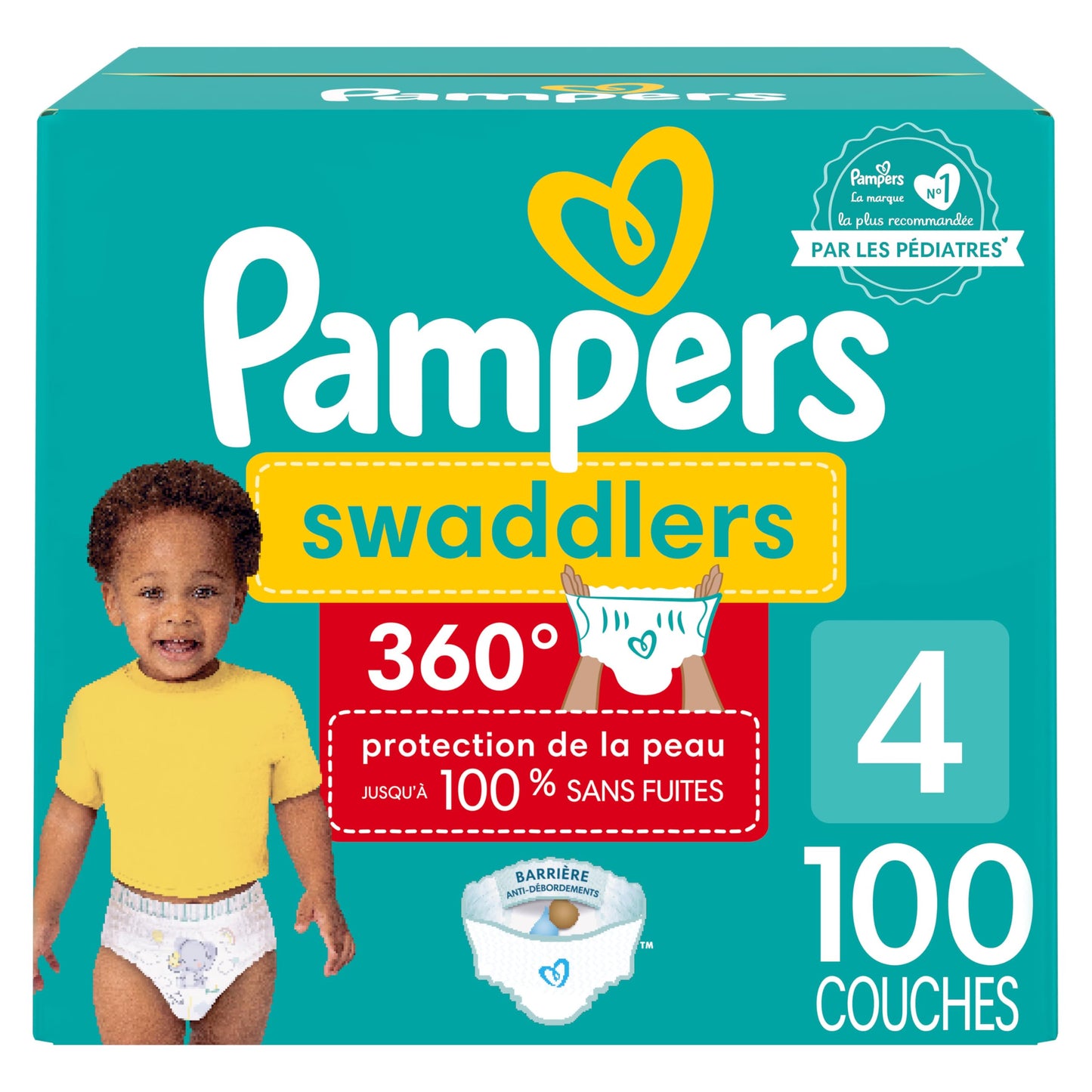 Pampers Diapers - Swaddlers 360 degrees - Size 4, 100 Count, up to 100% Leakproof Comfy Dry Fit, EZ Off Tabs Designed for Easy Changes, Pull On Diaper