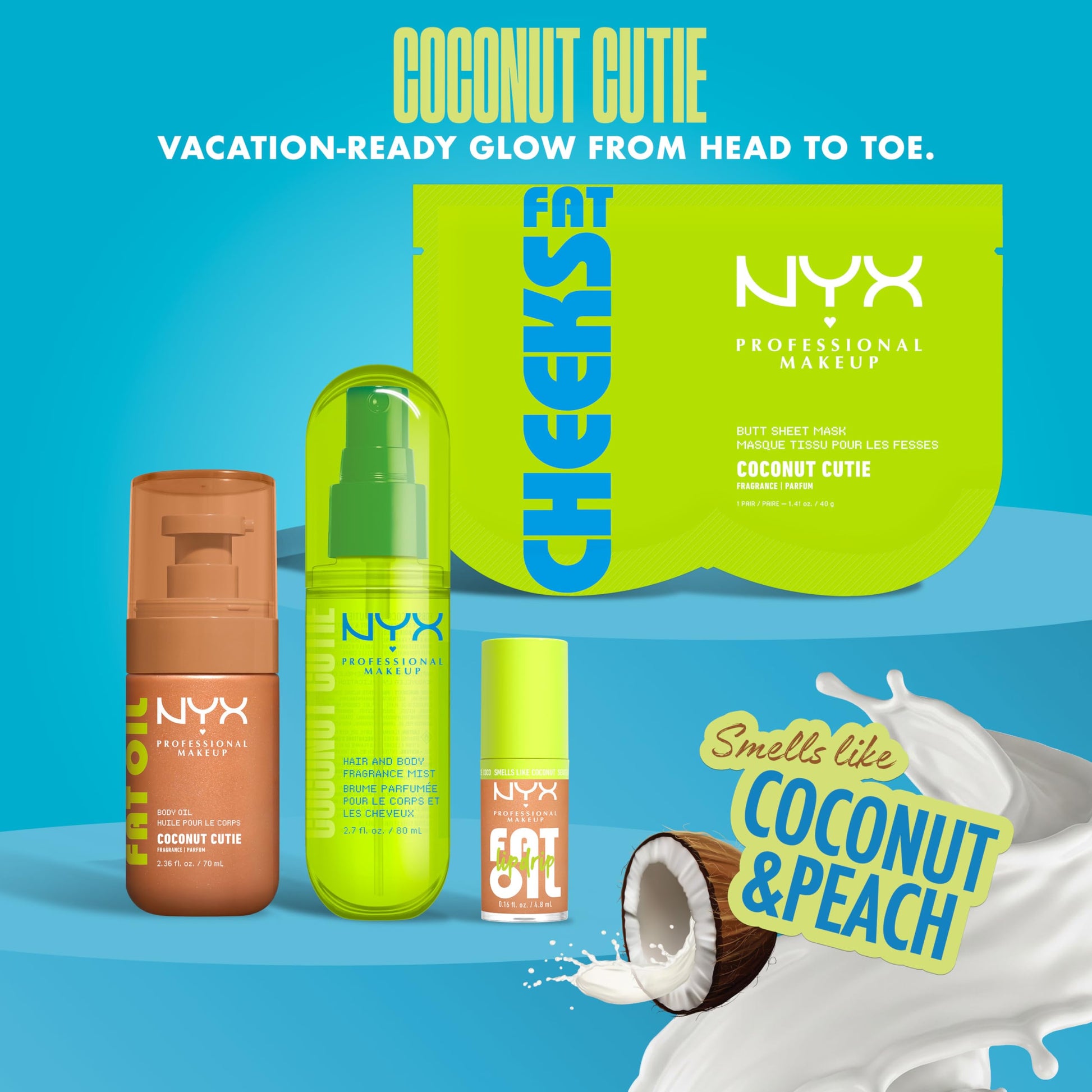 NYX Professional Makeup Fat Oil Body Oil, 24 HR Hydration, Gold Glowy Finish, Non-Sticky High-Shine Vegan Formula, Shimmering Luminous Skin, Coconut Cutie: Coconut & Peach Scent, 70 ml NYX PROFESSIONAL MAKEUP