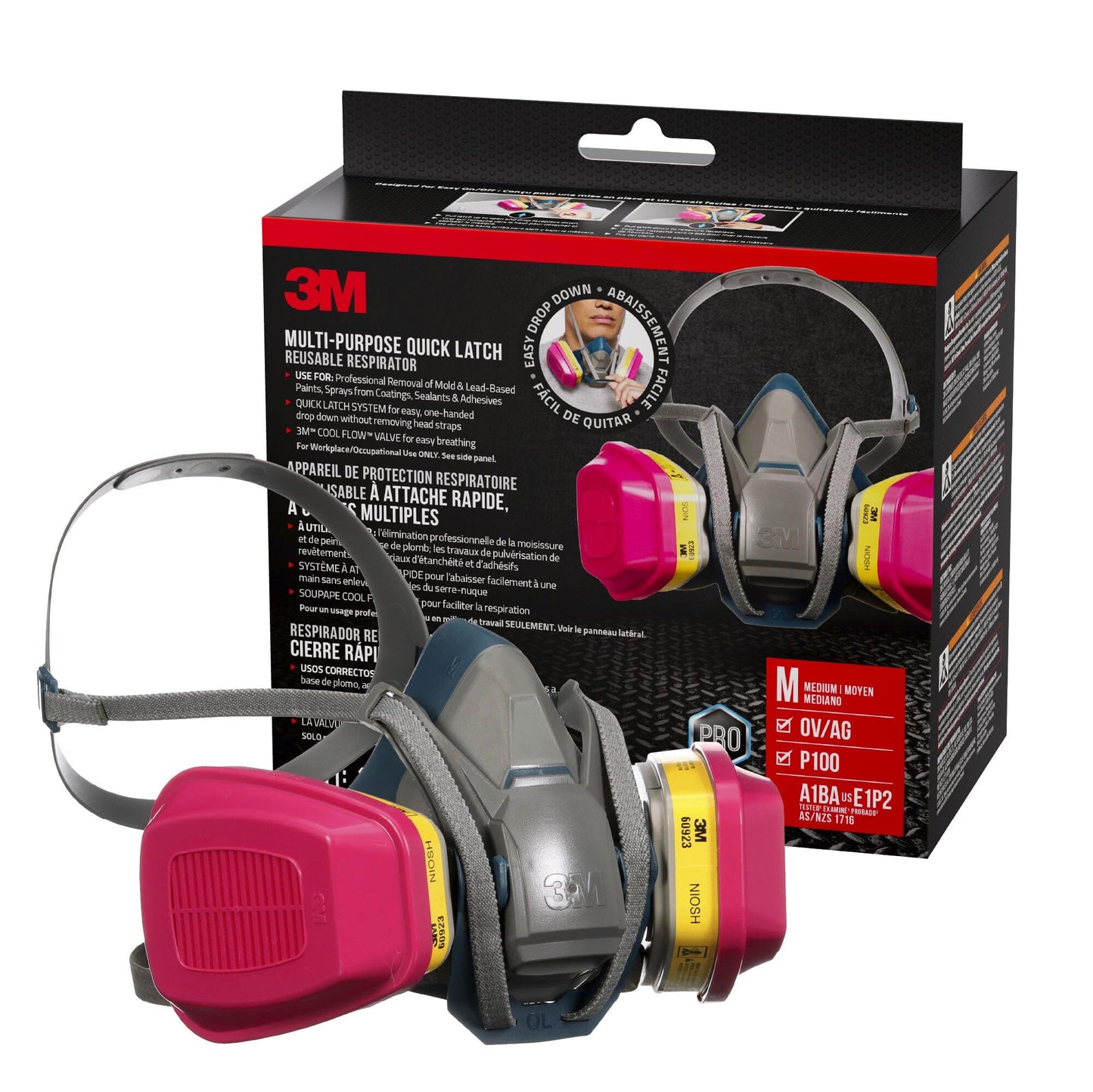 3M Pro Quick Latch Half Facepiece Reusable Respirator All-in-One Kit, Multi-purpose, M (1 Mask and 1-pair Cartridges) 3M