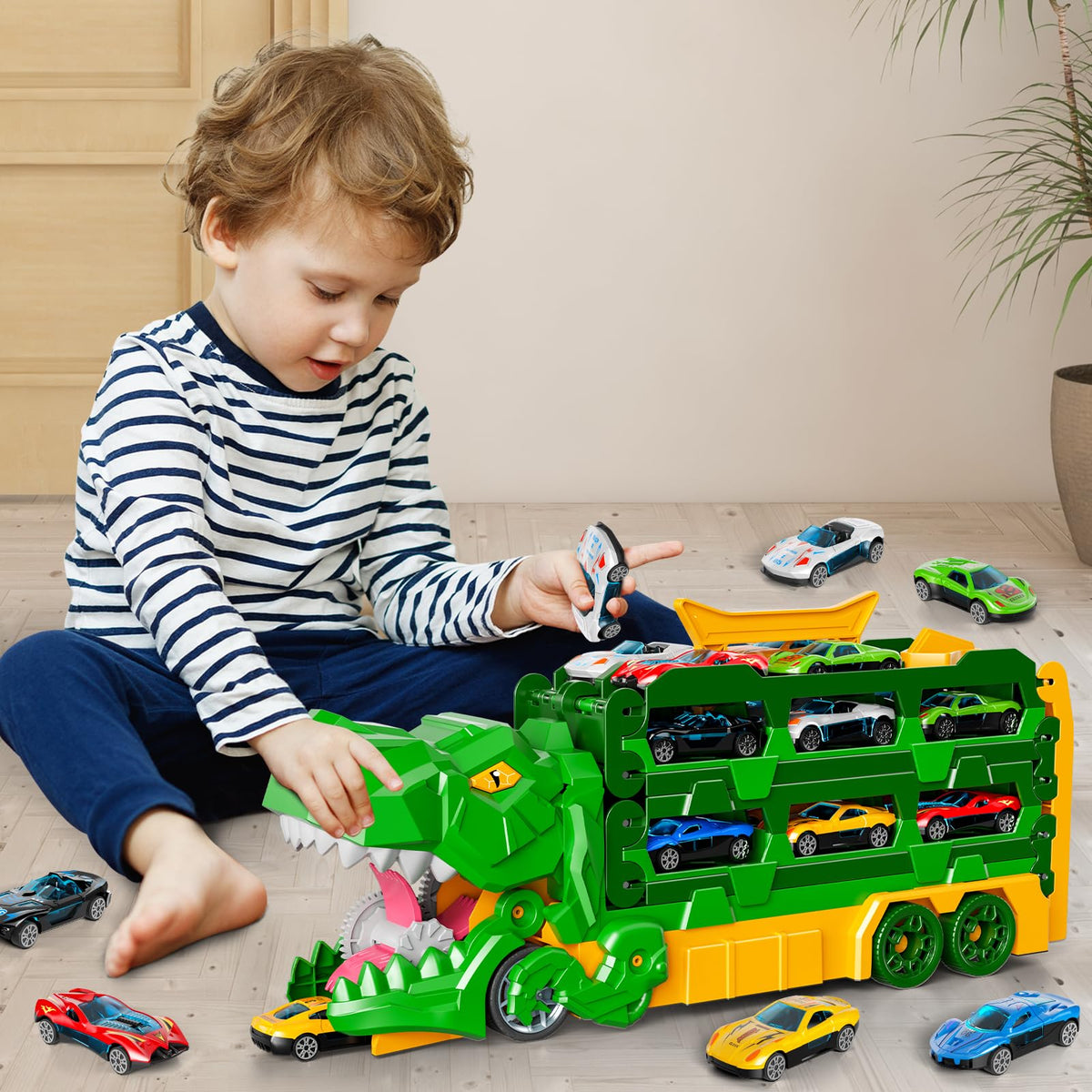 Dinosaur Transport Race Truck Toy with 59-Inch Race Track and Die-Cast Cars 🍁 All In One Marketplace Canada