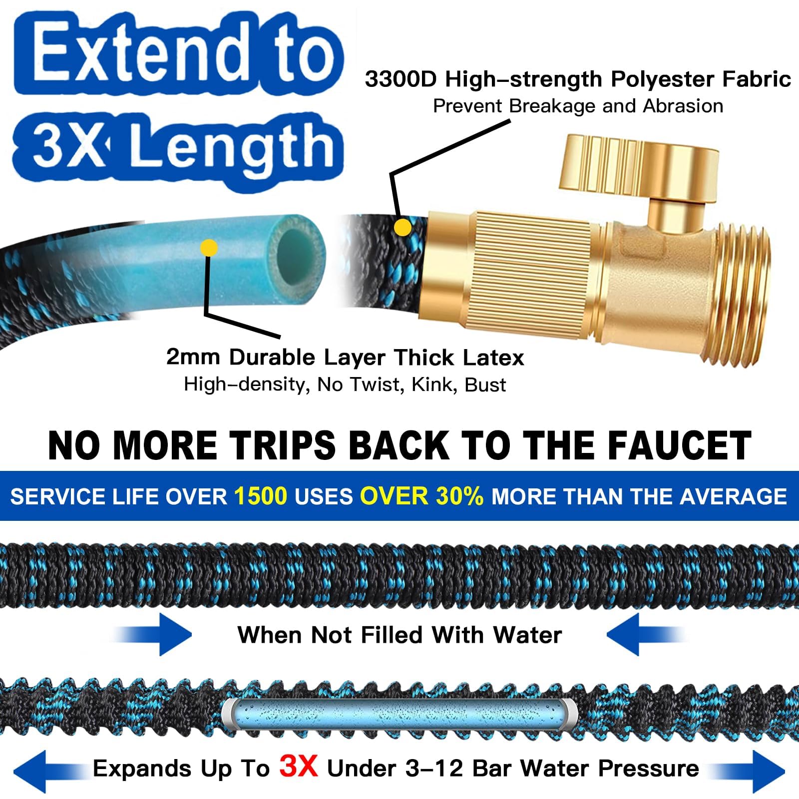 100ft Expandable Garden Hose Water Hose - Kink Free Flexible Expending Hose 100ft with 10 Function Nozzle and 3-Layers Latex, 3/4 Solid Solid Fittings, Lightweight Pipe (Blue)