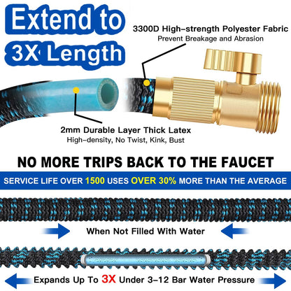 100ft Expandable Garden Hose Water Hose - Kink Free Flexible Expending Hose 100ft with 10 Function Nozzle and 3-Layers Latex, 3/4 Solid Solid Fittings, Lightweight Pipe (Blue)
