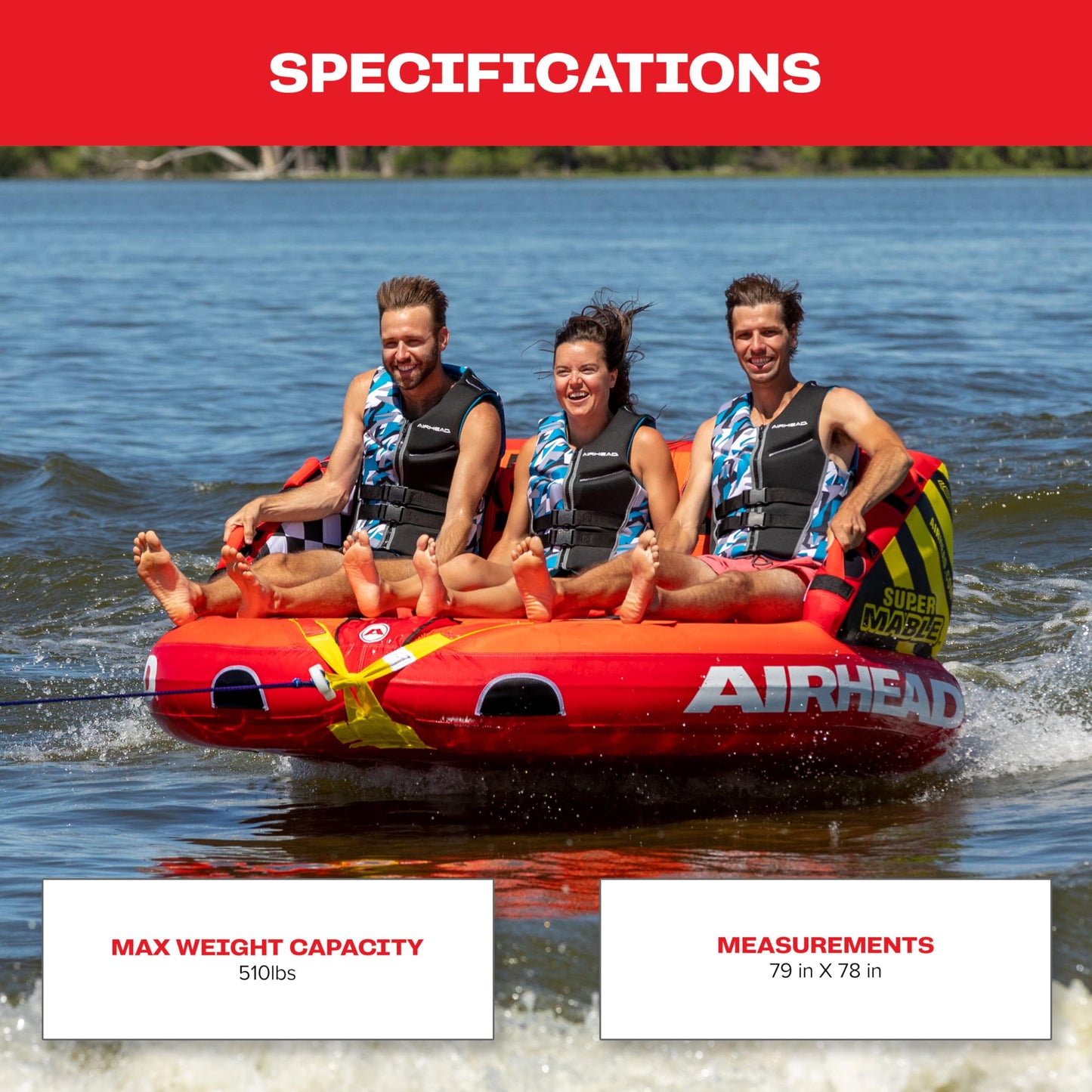 Airhead Super Mable, 1-3 Rider - Inflatable Towable Tube for Boating and Water Sports, Heavy Duty Full Nylon Cover & Zipper with EVA Foam Padding, Easy Inflating & Deflating Airhead