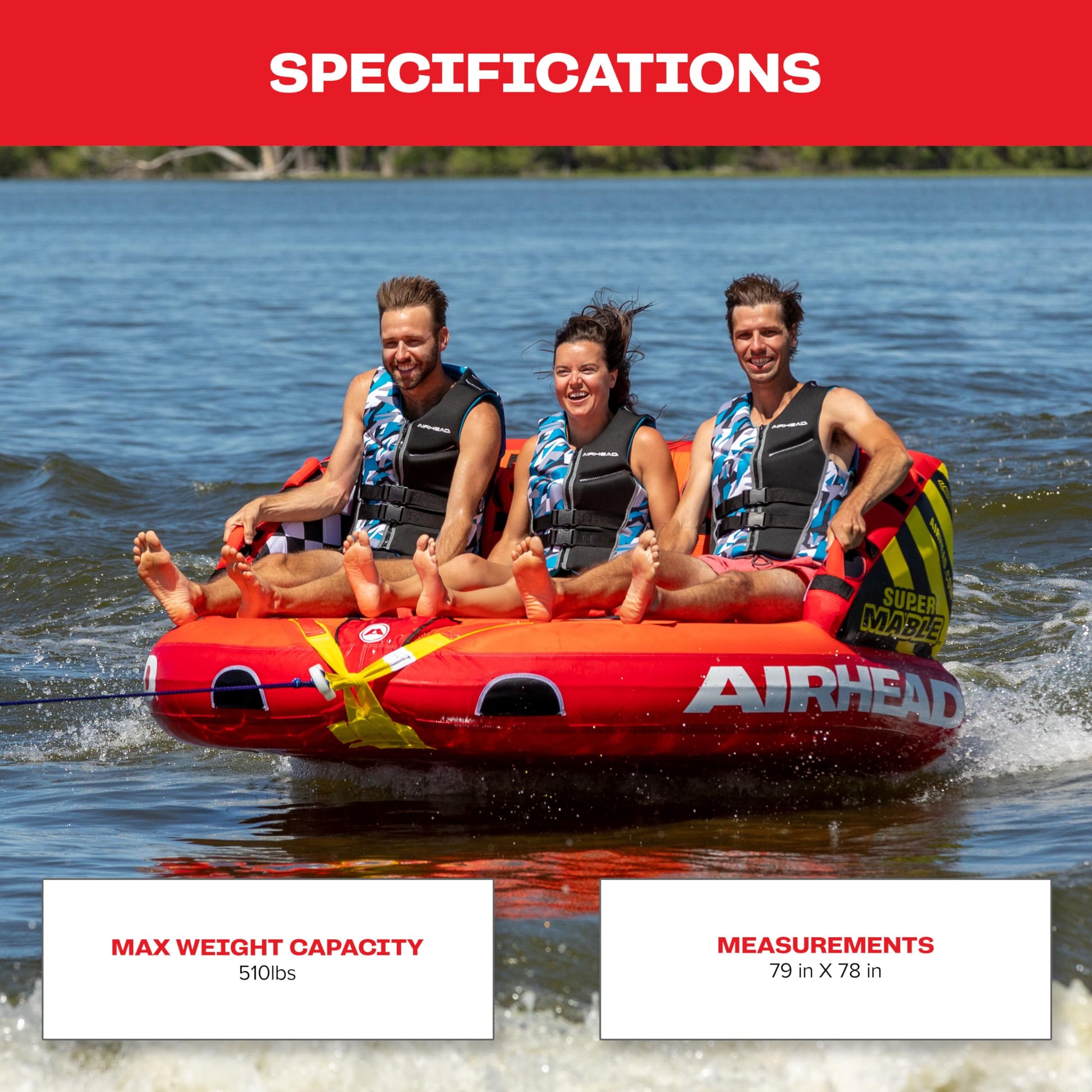 Airhead Super Mable, 1-3 Rider - Inflatable Towable Tube for Boating and Water Sports, Heavy Duty Full Nylon Cover & Zipper with EVA Foam Padding, Easy Inflating & Deflating Airhead