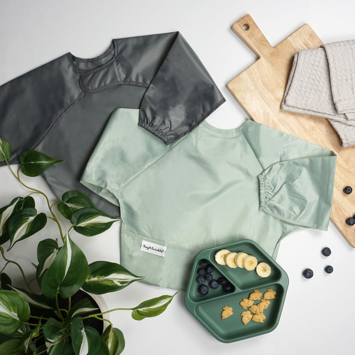 Tiny Twinkle Mess Proof Baby Bib, 2 Pack Long Sleeve Bib Outfit, Waterproof Bibs for Toddlers, Machine Washable, Tug Proof Sage + Charcoal 6-24M 🍁 All In One Marketplace Canada