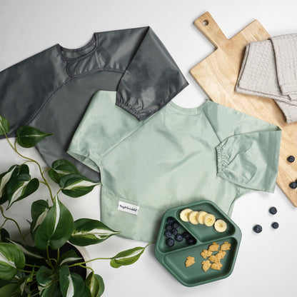 Tiny Twinkle Mess Proof Baby Bib, 2 Pack Long Sleeve Bib Outfit, Waterproof Bibs for Toddlers, Machine Washable, Tug Proof Sage + Charcoal 6-24M 🍁 All In One Marketplace Canada