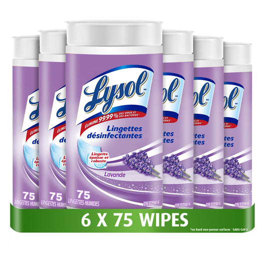 Lysol Disinfecting Wipes, Thick Cleaning Wipes with Micro Pocket Pattern for Home & Electronics, Eliminates Germs on 100+ Surfaces, Removes Allergens, Lavender Scent, 6 x 75 Count (450 Total Wipes)