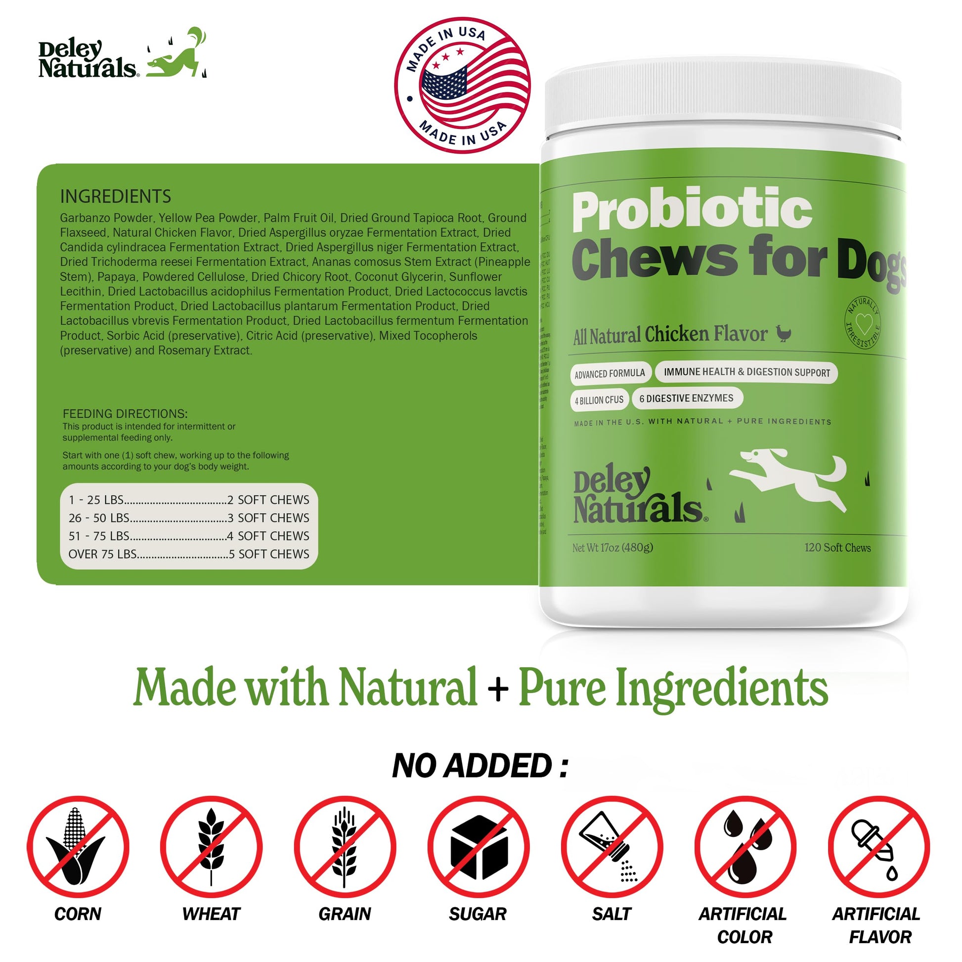 Deley Naturals Probiotics for Dogs - Dog Probiotics Chewable with 6 Digestive Enzymes & 4 Billion CFUs - Probiotic Chews for Dogs Gut Health Diarrhea & Digestion - Digestive Balance Dog Supplements