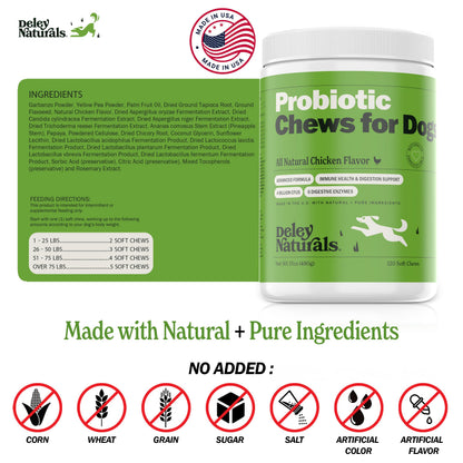 Deley Naturals Probiotics for Dogs - Dog Probiotics Chewable with 6 Digestive Enzymes & 4 Billion CFUs - Probiotic Chews for Dogs Gut Health Diarrhea & Digestion - Digestive Balance Dog Supplements