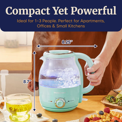 Elite Gourmet 1.2L Electric Glass Kettle, 1200W Fast Boil, Adjustable Temperature Control & Keep Warm, BPA-Free Borosilicate Glass, Auto Shut-Off & Boil-Dry Protection, 360° Cordless Base, Mint