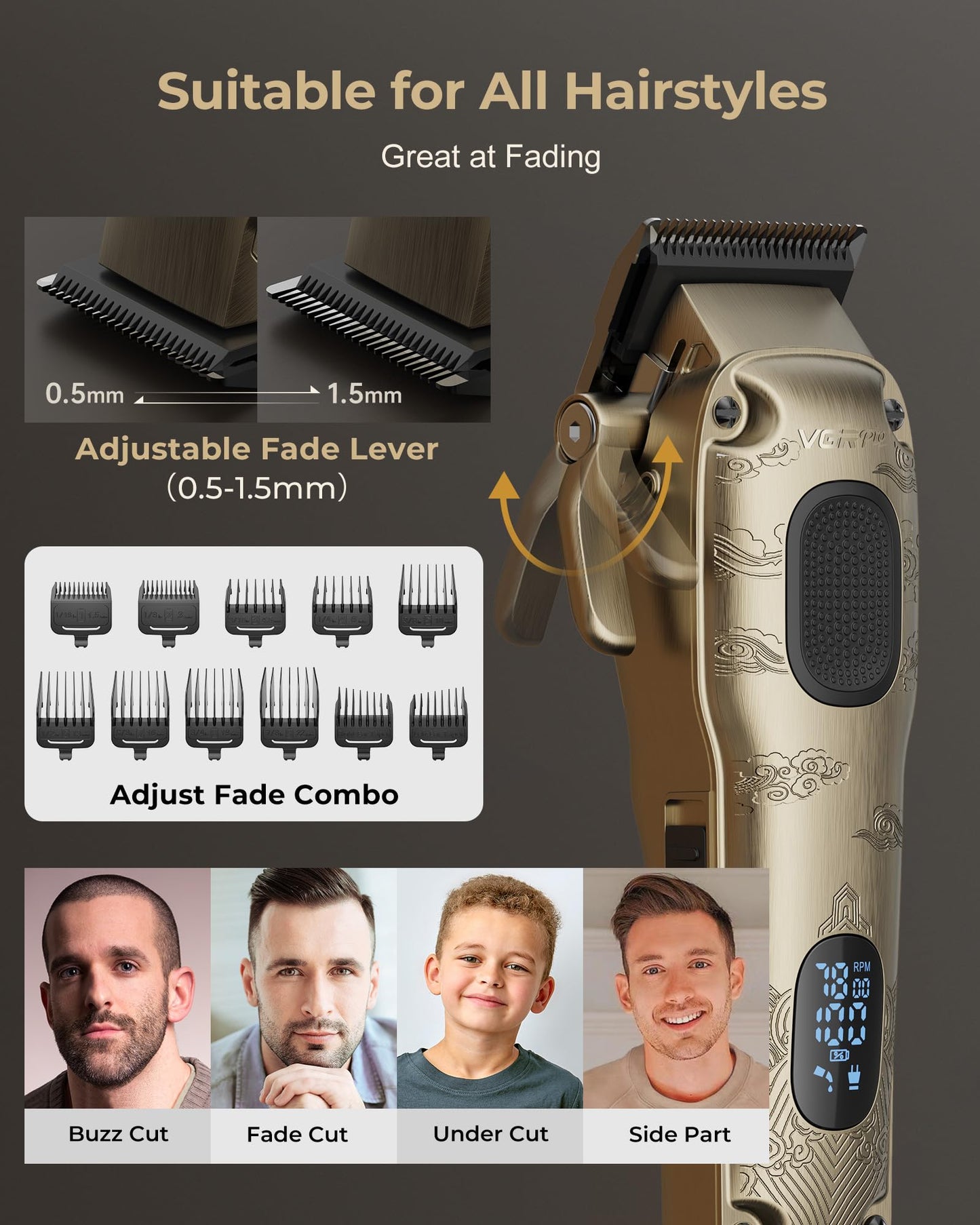 VGRPRO Hair Clippers for Men Professional, Cordless Hair Clippers for Hair Cutting, Mens Clippers and Trimmers Set, Electric Hair Trimmer for Men with Package Case (Gloden) - Available at All In One Marketplace Canada