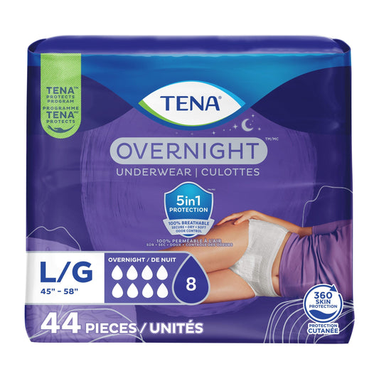 TENA Adult Incontinence, Discrete Disposable, Underwear, Comfortable Fit, Overnight Protection, Unisex, Large (L), 44 Count