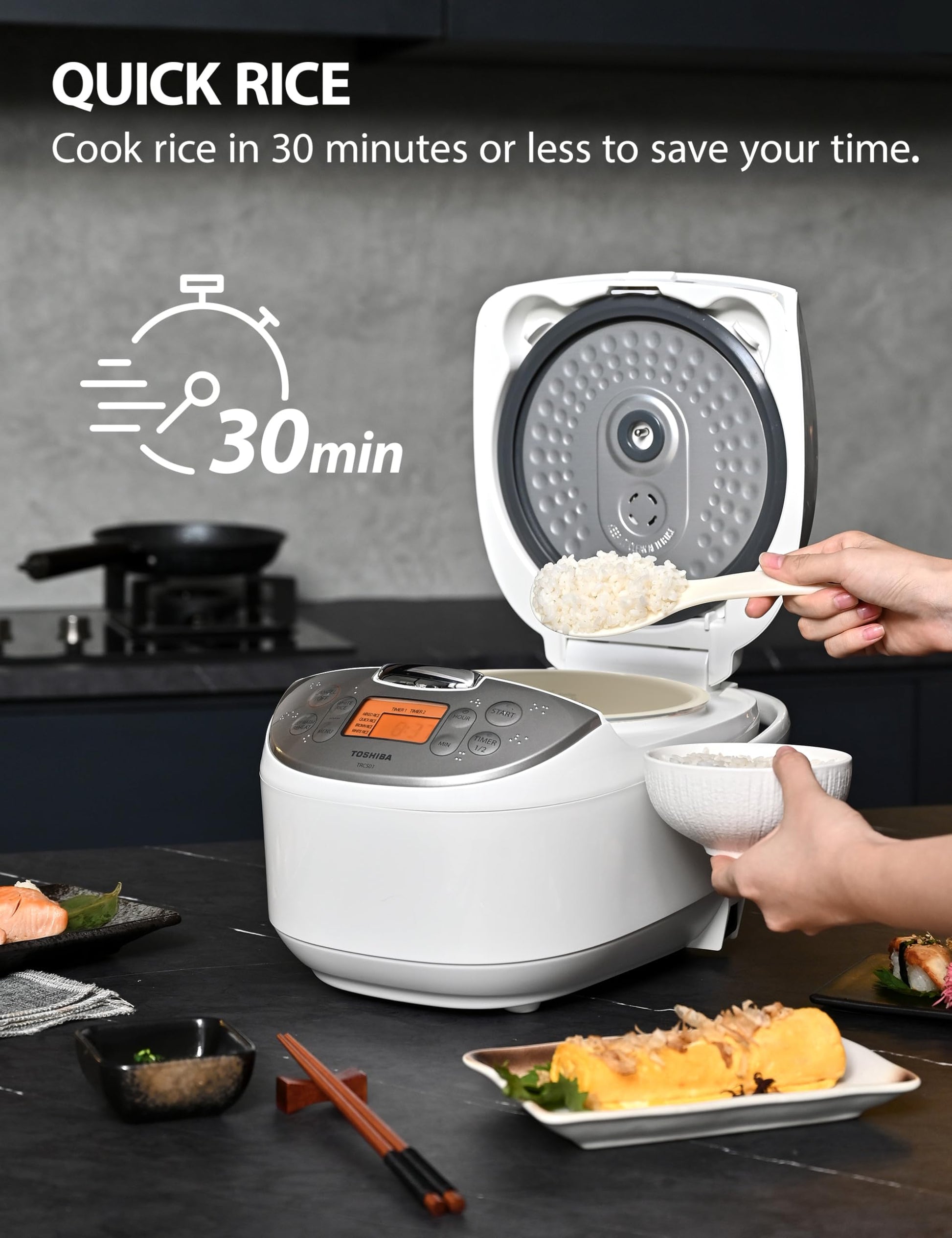Toshiba Rice Cooker 6 Cup Uncooked – Japanese Rice Cooker with Fuzzy Logic Technology, 7 Cooking Functions, Digital Display, 2 Delay Timers and Auto Keep Warm, Non-Stick Inner Pot, White - Available at All In One Marketplace Canada