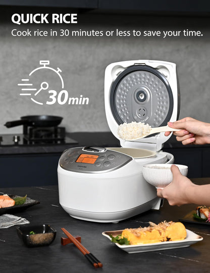 Toshiba Rice Cooker 6 Cup Uncooked – Japanese Rice Cooker with Fuzzy Logic Technology, 7 Cooking Functions, Digital Display, 2 Delay Timers and Auto Keep Warm, Non-Stick Inner Pot, White - Available at All In One Marketplace Canada