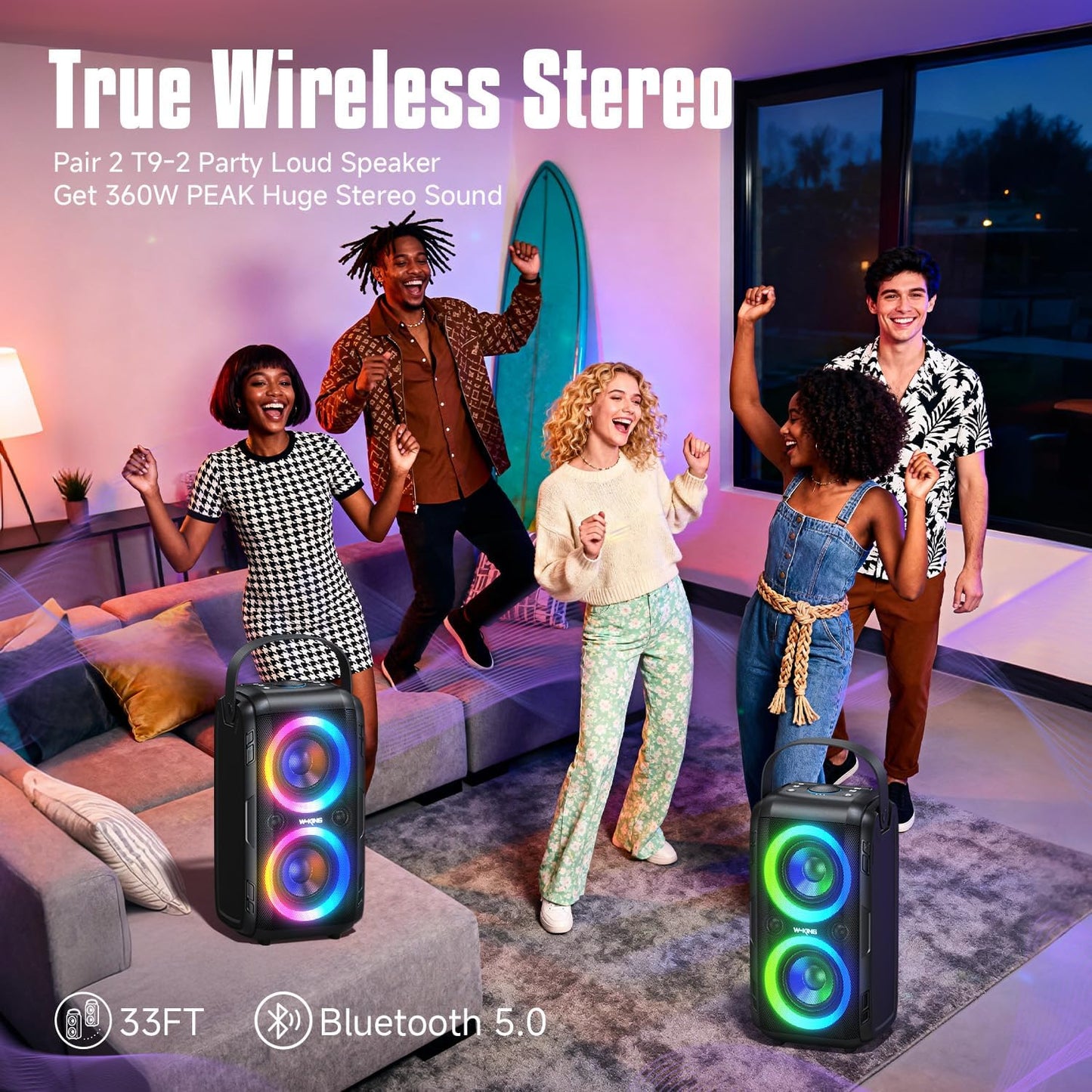 W-KING Bluetooth Speaker Loud, 180W Peak Party Portable Outdoor Haut Parleur Speaker Wireless Boom Box/4 Drivers(2 * 4.04’’ Woofer)-80W Deep Bass Tube, Huge 115dB Sound, Lights/IPX5/EQ/24H/USB/TF/AUX