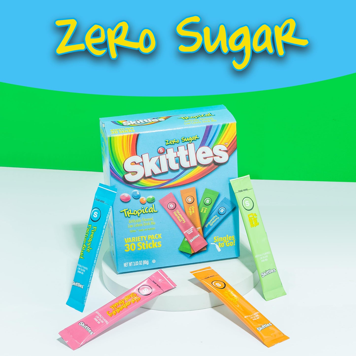 Skittles Singles To Go Tropical Flavors Variety Pack, Powdered Drink Mix, Includes 4 Flavors, Strawberry Starfruit, Mango Tangelo, Kiwi Lime, Pineapple Passionfruit, 1 Box (30 Single Servings)