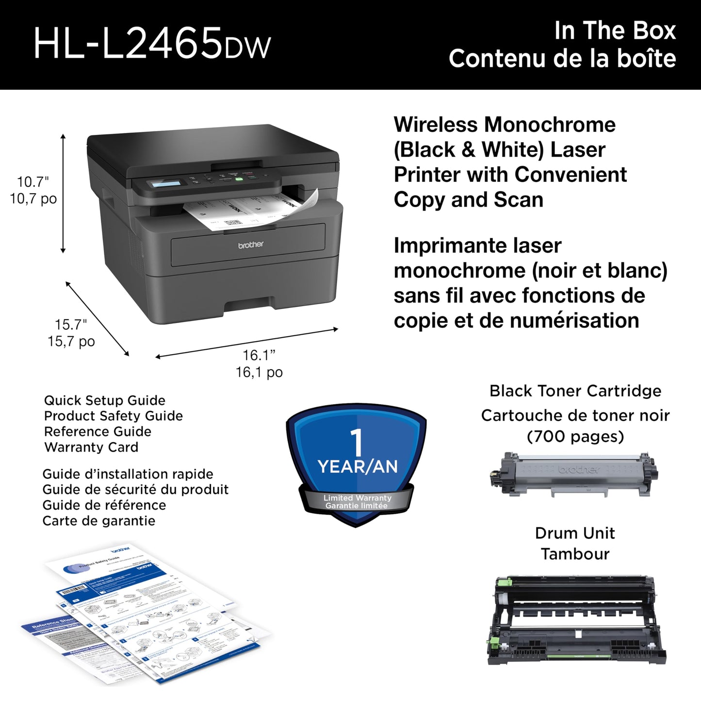 Brother HL-L2465DW Monochrome Laser Printer with Wireless Connectivity All-in-One Print, Copy and Scan Functions for Home and Office Use - Compact Design Brother