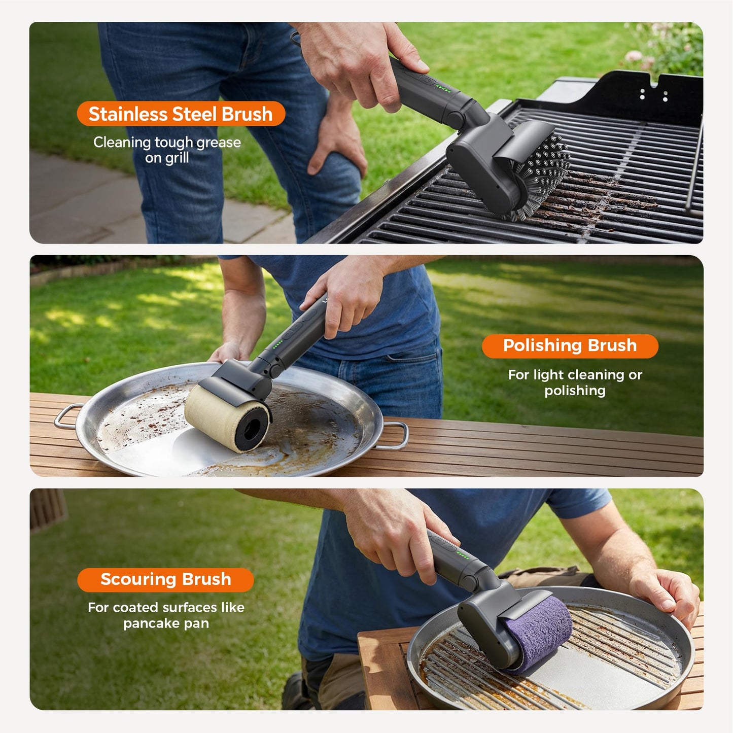 Leebein Electric Grill Brush for Outdoor, 2026 New BBQ Grill Cleaner with 3 Heads, 3-Speed & Angle Adjust Cordless Rotary Grill Brush, 150 Mins Runtime Grill Cleaning Brush for Barbecue Grates