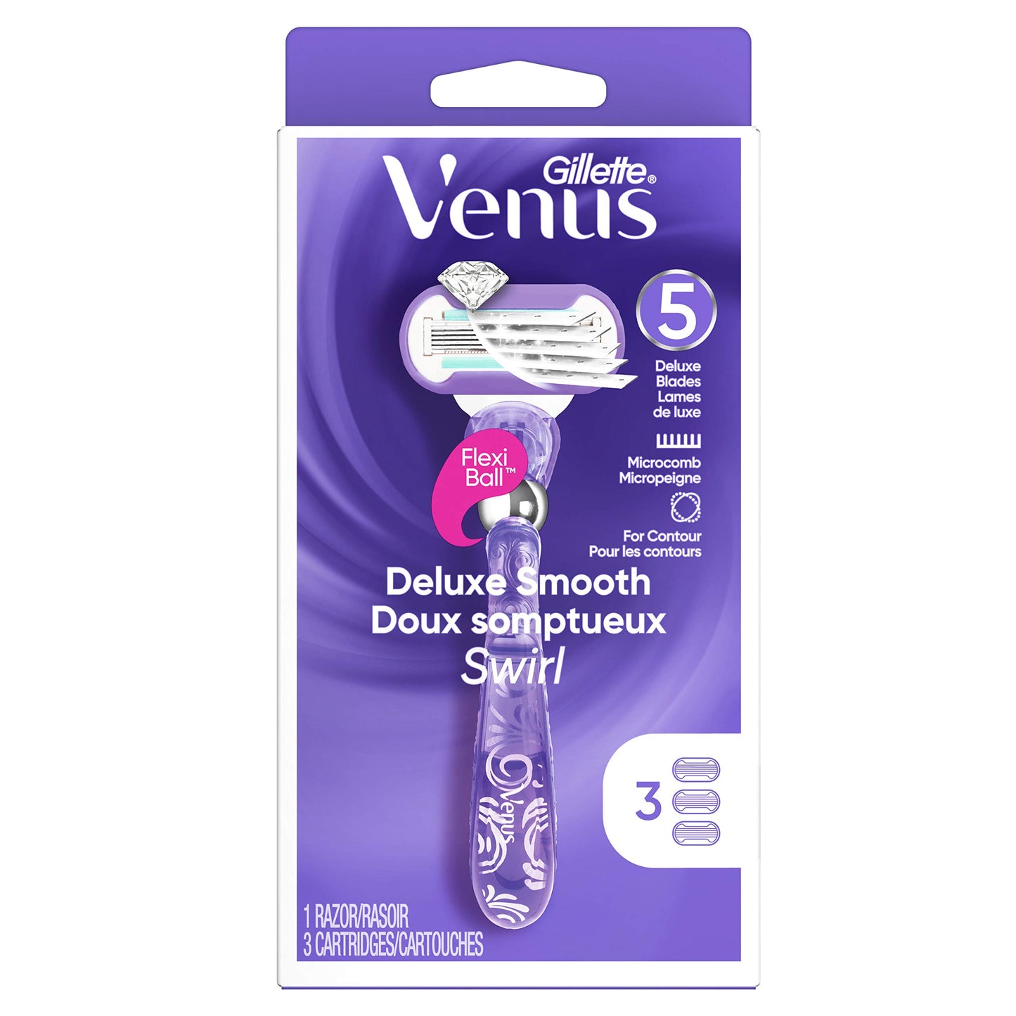 Gillette Venus Deluxe Smooth Swirl Womens Razor Handle + 3 Blade Refills - Available at All In One Marketplace Canada