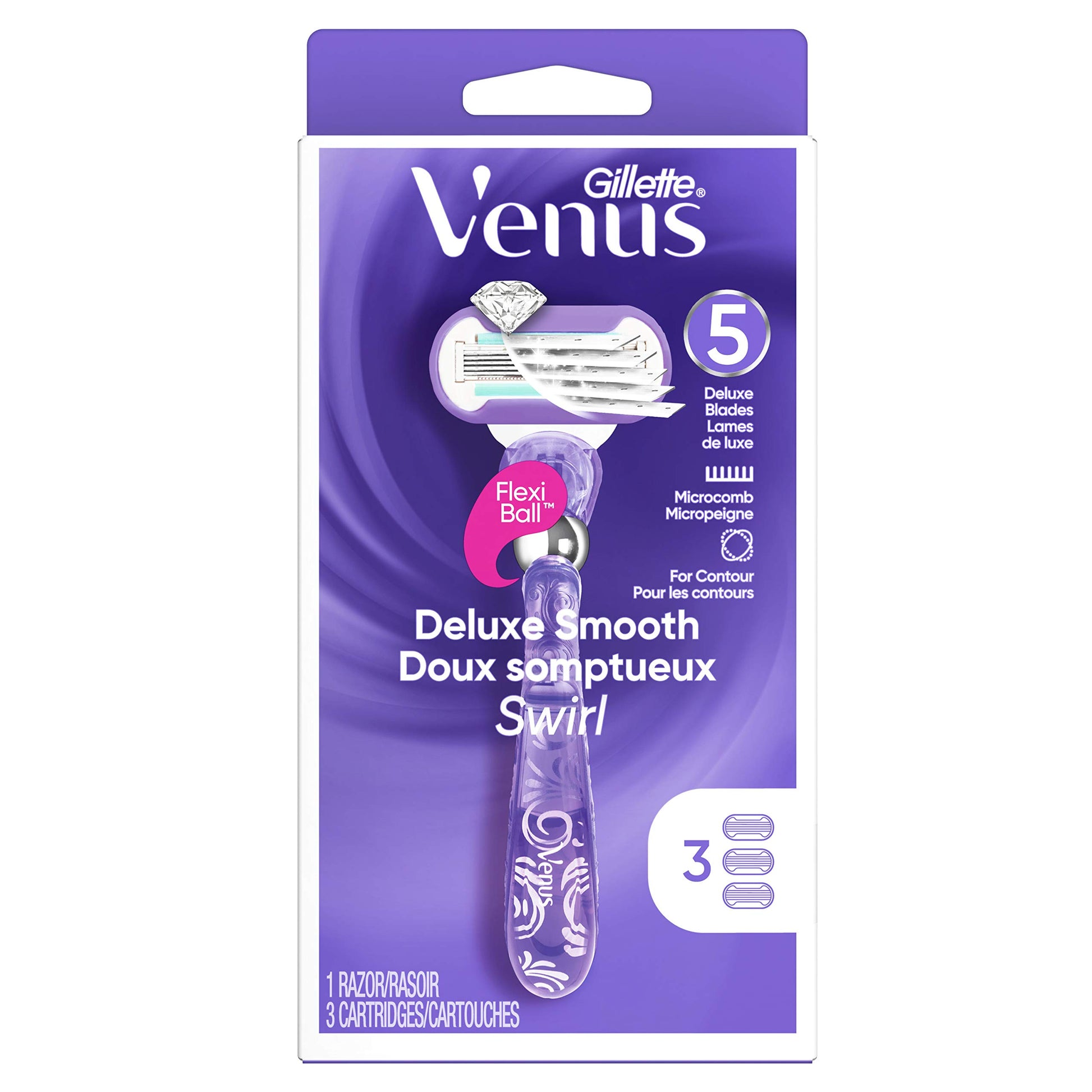 Gillette Venus Deluxe Smooth Swirl Womens Razor Handle + 3 Blade Refills - Available at All In One Marketplace Canada