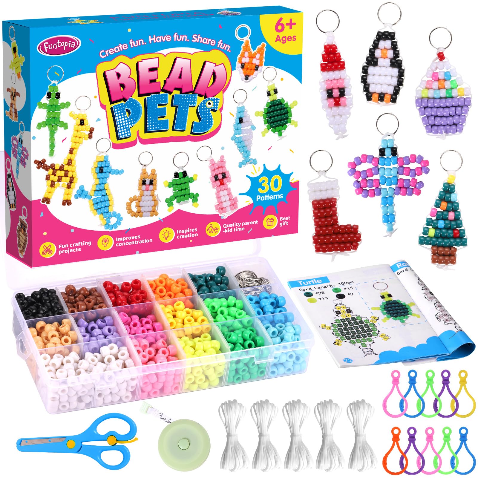 Funtopia Pony Beads, Create Your Own Bead Pets, Colorful Kandi Beads for Bracelets, Big Bead for Hair Braiding, DIY Jewelry and Crafts for Kids, Beginners and Adults (1500 Bead Kit, 30 Designs) - Available at All In One Marketplace Canada