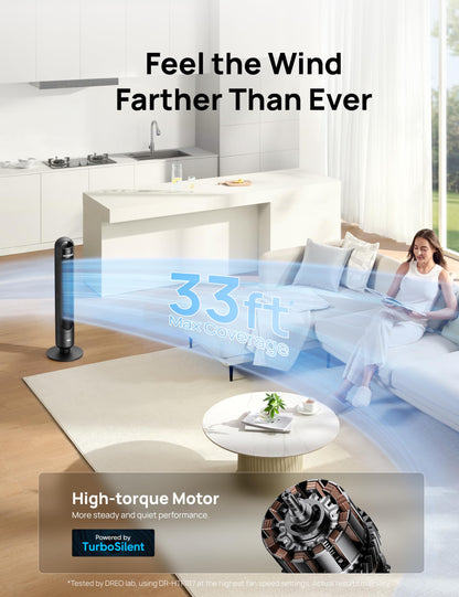 DREO Smart Tower Fan for Bedroom, 90° Oscillating Standing Fans for Room with 4 Speeds, 4 Modes, 25dB Quiet for Sleep, 25ft/s Velocity, 8H Timer, Remote/App/Voice Control for Living Room, Office, Home
