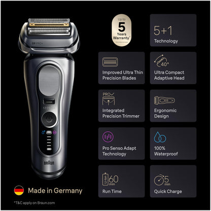 Braun Series 9 PRO+ Electric Razor for Men, Electric Foil Shaver, with Precision Trimmer, Pro SensoAdapt, 6in1 SmartCare Center, 9667CC, Silver