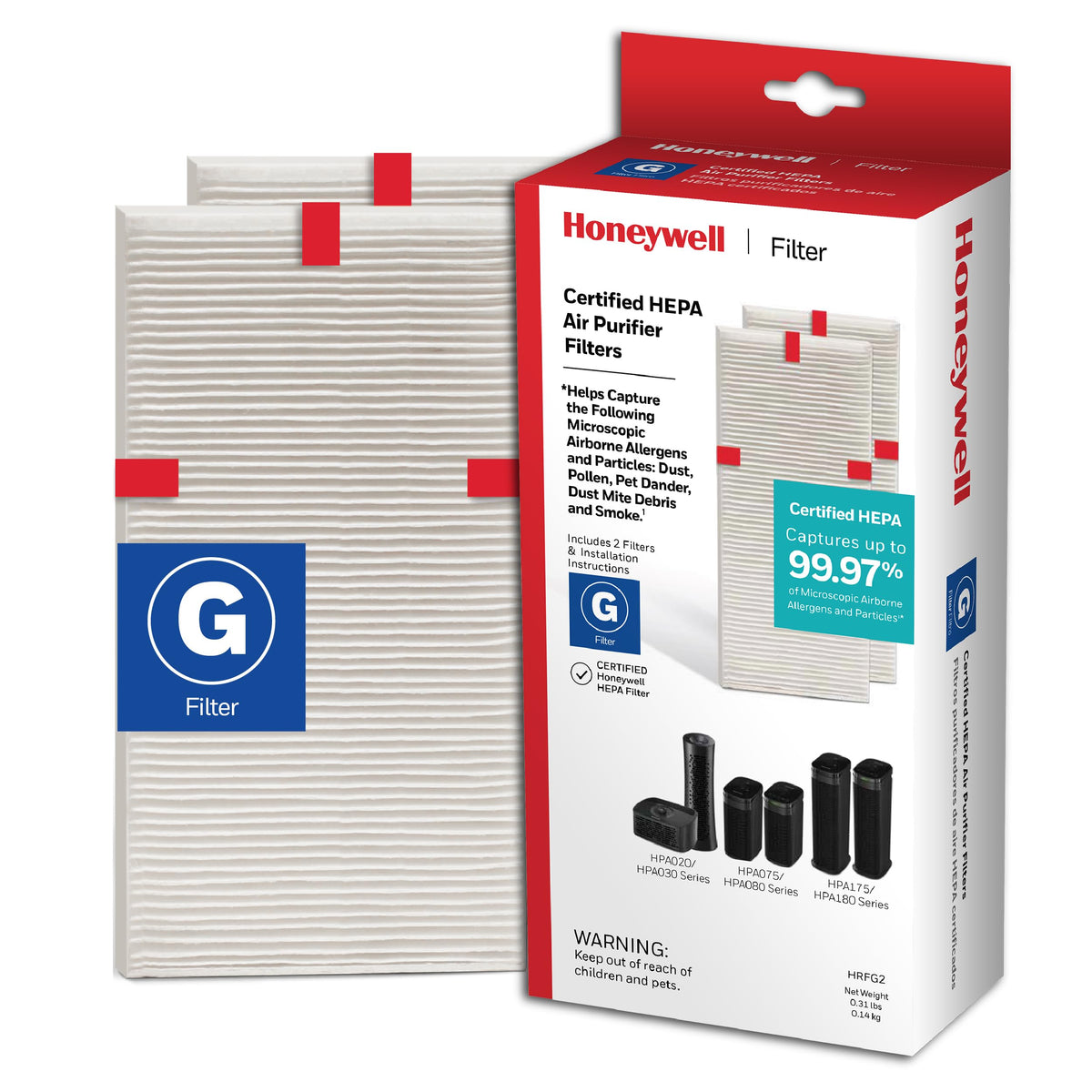 Honeywell HEPA Air Purifier Filter G, 2-Pack for HPA030/HPA080 & HPA180 Series. Airborne Allergen Air Filter Targets Wildfire/Smoke, Pollen, Pet Dander, and Dust