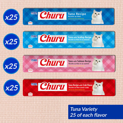 INABA Churu Cat Treats, Lickable, Squeezable Creamy Purée with Vitamin E, 14 Grams per Tube, 100 Tubes Total, Tuna Variety
