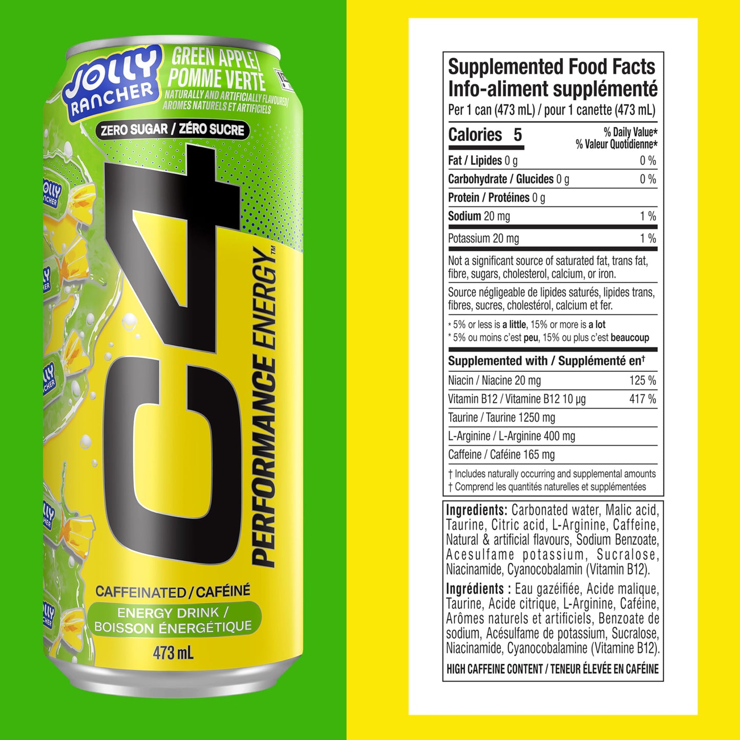 Cellucor C4 Performance Energy Drink, Jolly Rancher Green Apple, Carbonated Sugar Free Drink with no Artificial Colours or Dyes, 473mL, 12 count