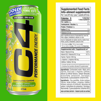 Cellucor C4 Performance Energy Drink, Jolly Rancher Green Apple, Carbonated Sugar Free Drink with no Artificial Colours or Dyes, 473mL, 12 count