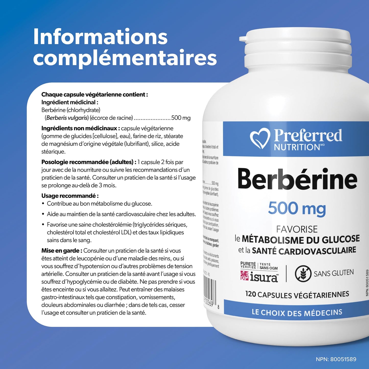 Preferred Nutrition Berberine MAXIMUM POTENCY 1000 mg per Serving (2 caps, 500 mg each), 120 Vegetarian Capsules = 60 Day Supply, Berberine Supplements, Canadian Company - Available at All In One Marketplace Canada