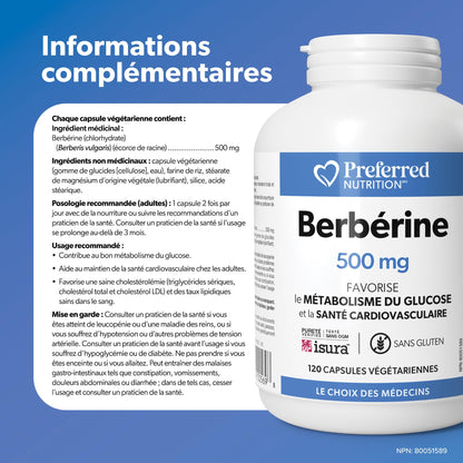 Preferred Nutrition Berberine MAXIMUM POTENCY 1000 mg per Serving (2 caps, 500 mg each), 120 Vegetarian Capsules = 60 Day Supply, Berberine Supplements, Canadian Company - Available at All In One Marketplace Canada