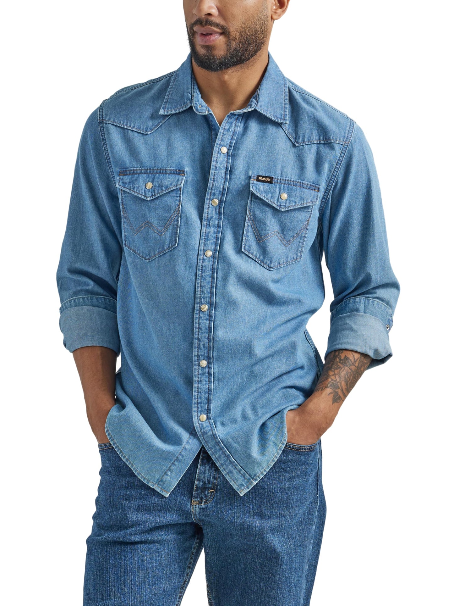 Wrangler Men's Iconic Denim Regular Fit Snap Shirt, Lake Wash, Large Wrangler