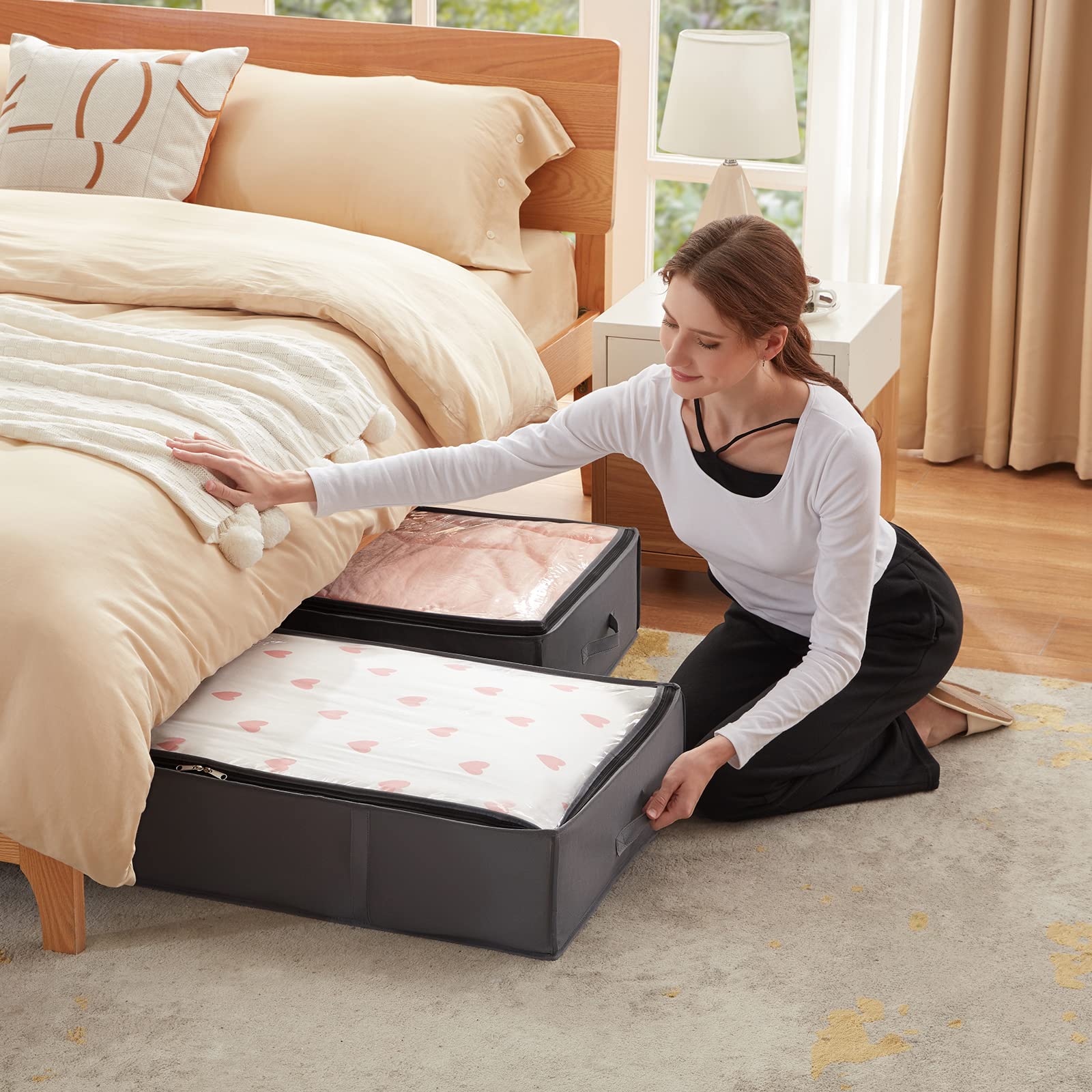 Lifewit 4 Pack 95L Under Bed Storage Bins, Foldable Closet Organizers and Storage Containers,Underbed Storage Bags with Reinforced Handle for Blanket,Clothing,Comforter, Sheets,Wrapping Paper, Grey - Available at All In One Marketplace Canada