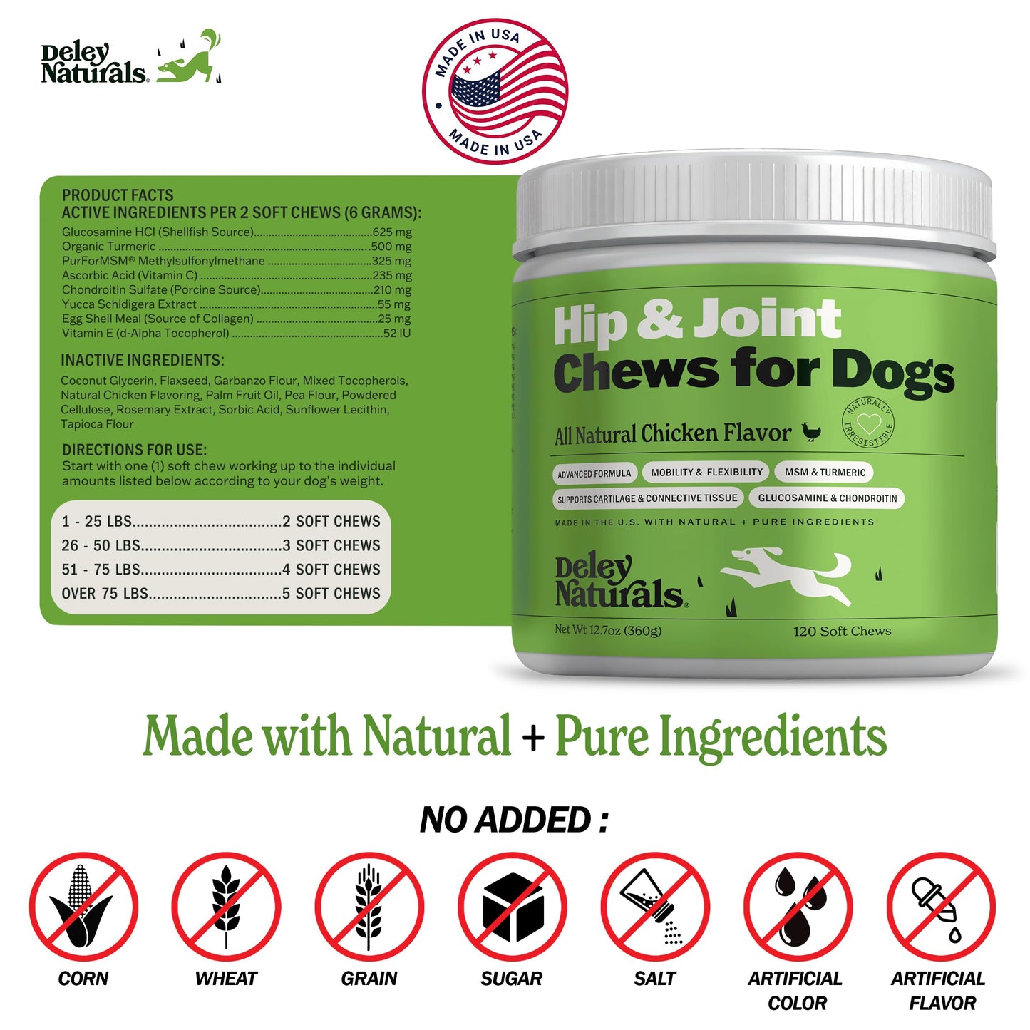 Deley Naturals Hip and Joint Supplement for Dogs - Glucosamine Chondroitin MSM & Collagen for Dogs - Dog Joint Supplement, Smaller Chews, Low Calories, Same Ingredients - 120 Chicken Flavor Chews