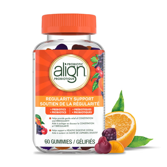Complément alimentaire probiotique Align Daily Regularity Support, probiotique pour le soulagement en douceur de la constipation et de l'irrégularité, sans gélatine, sans gluten, végétarien, saveur fruitée, 60 gommes