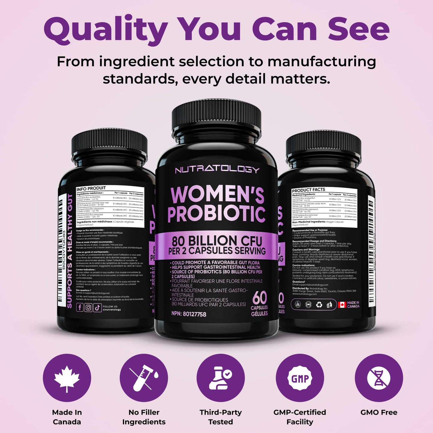 Nutratology® Probiotics for Women | Canadian-Made | 40 Billion CFUs per Capsule | Bloating Relief & Digestion | 4 Strains of Women's Probiotic for Gut Health | 60 Capsules