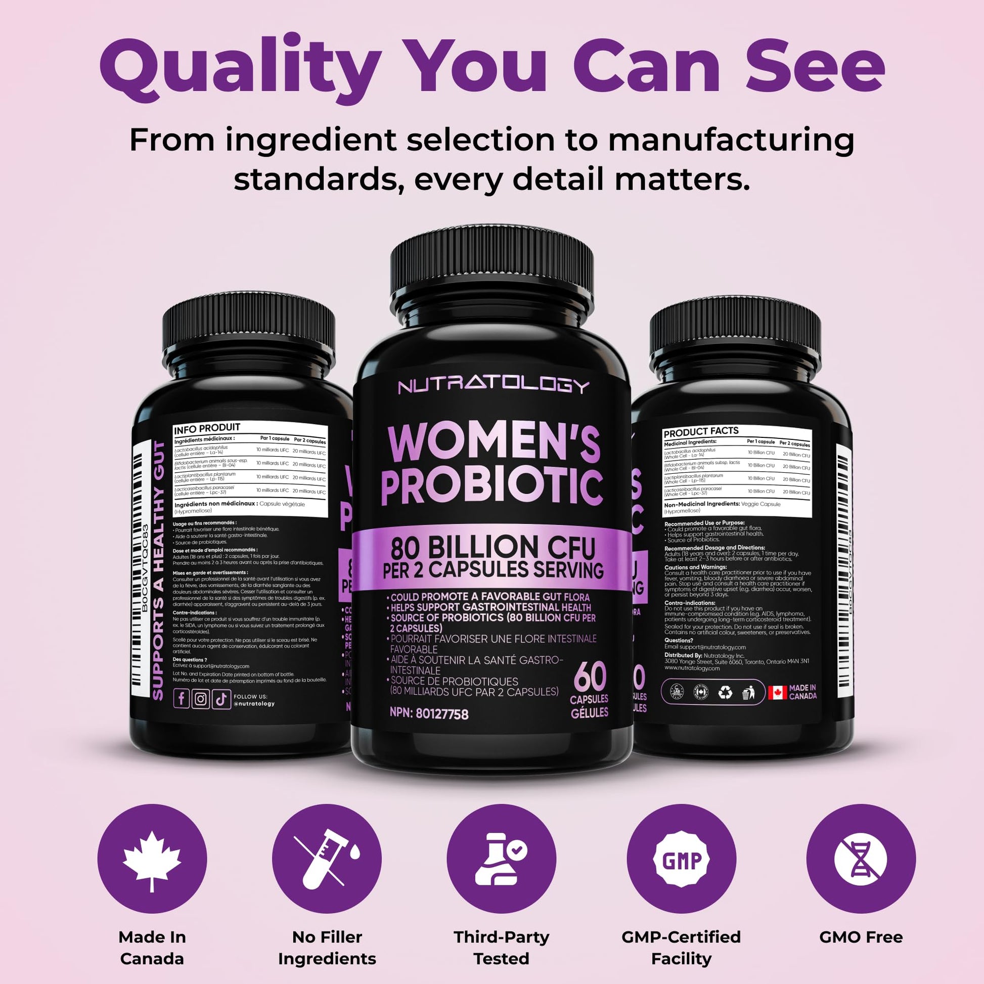 Nutratology® Probiotics for Women | Canadian-Made | 40 Billion CFUs per Capsule | Bloating Relief & Digestion | 4 Strains of Women's Probiotic for Gut Health | 60 Capsules