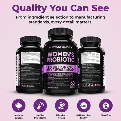 Nutratology® Probiotics for Women | Canadian-Made | 40 Billion CFUs per Capsule | Bloating Relief & Digestion | 4 Strains of Women's Probiotic for Gut Health | 60 Capsules