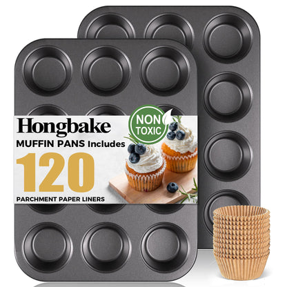HONGBAKE Muffin Pan for Baking, Nonstick Cupcake Tin 12 Cup, 2 Pack Cup Cake Tray, Premium & Dishwasher Safe - Dark Grey 🍁 All In One Marketplace Canada