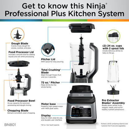 Ninja BN801C, Professional Plus Kitchen System With Auto-iQ, 72oz Pitcher, Black/Silver, 1400W (Canadian Version)