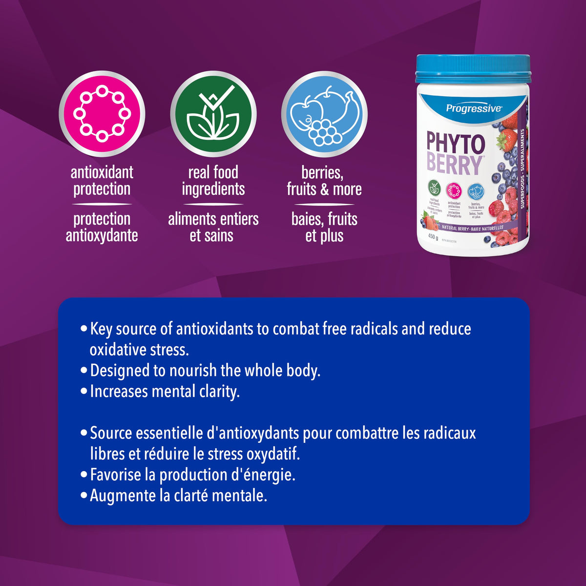 Progressive PhytoBerry Antioxidant Superfood Powder Natural Berry Flavour, Canadian-Made with 40 Fruit Concentrates, Phytonutrients, organic Acai berry, and Plant Oils for Complete Free-Radical Defence, Vegan, Gluten-Free, and All Natural, 450 g