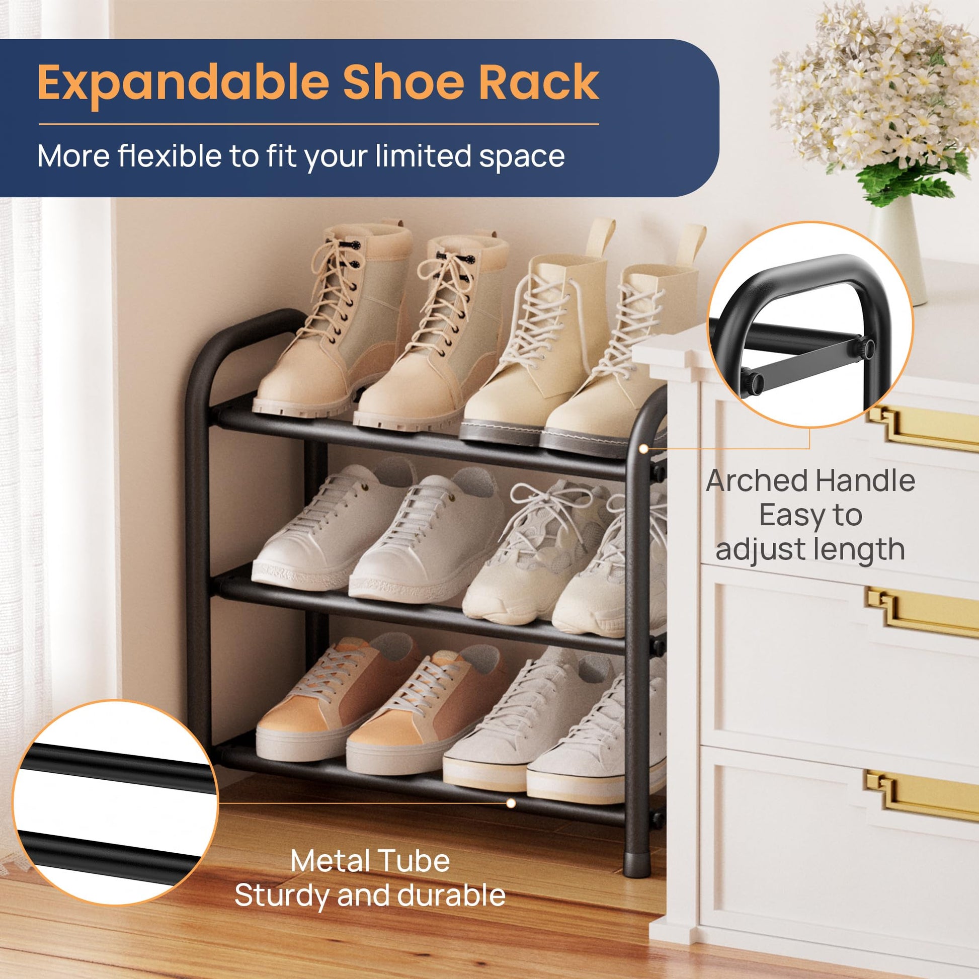 ENJOYBASICS Expandable Metal Shoe Racks for Closet, 3 Tier Adjustable Shoe Organizer Shelf, Black Free Standing Rack Storage for Entryway
