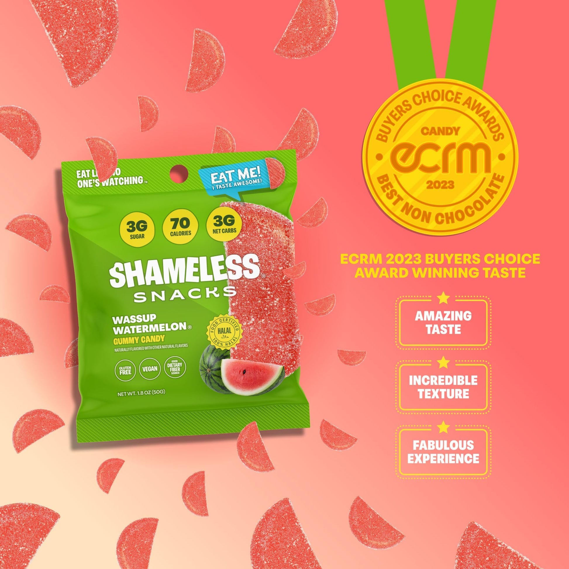 Shameless Snacks Wassup Watermelon Keto Gummies - Low Calorie, Low Carb, Gluten Free (6 Pack)