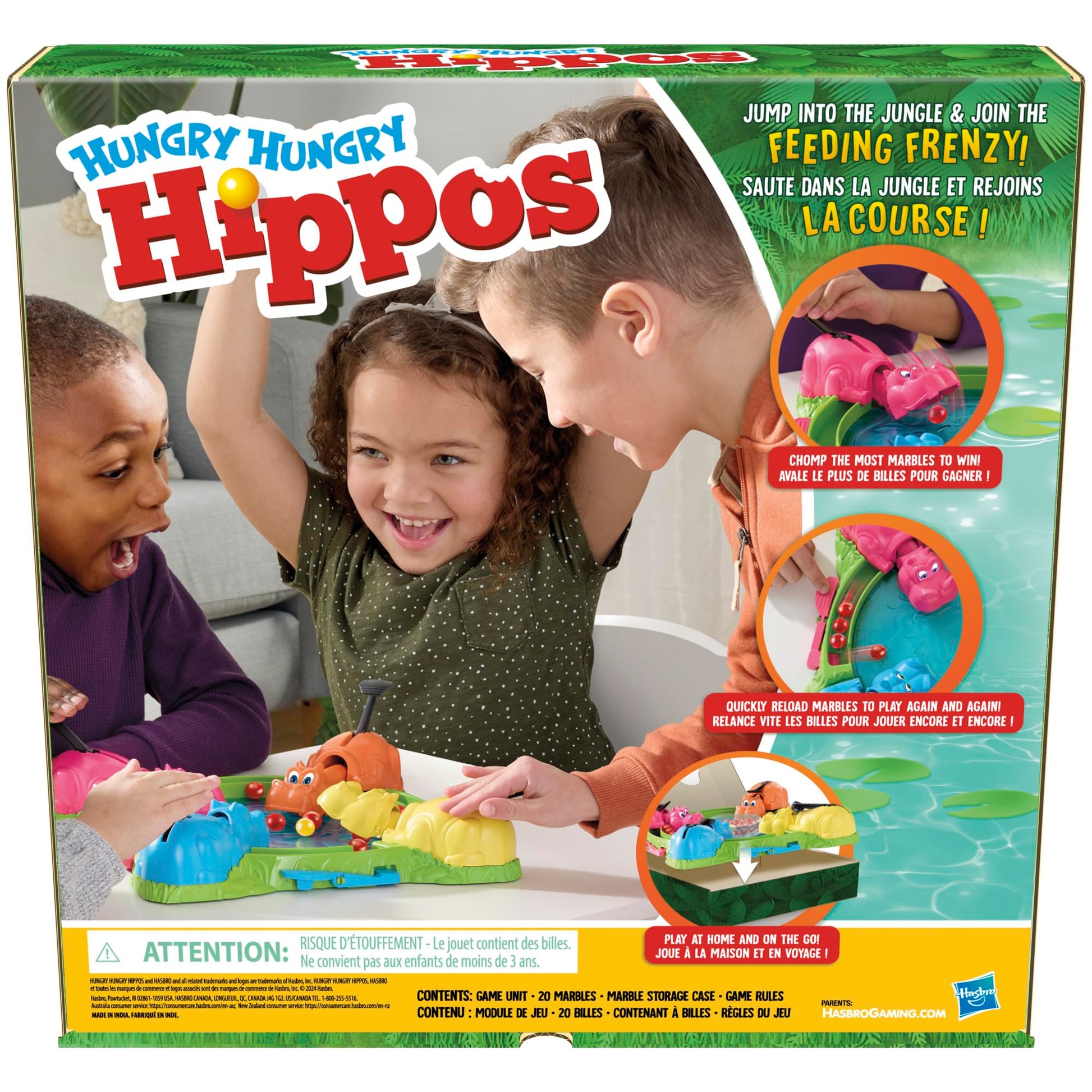 Hungry Hungry Hippos Game for Preschoolers | with Instant Marble Relaunch, Easy Set-Up & Storage| Ages 4 and Up | for 2 to 4 Players | Kids Games (English & French) Hasbro
